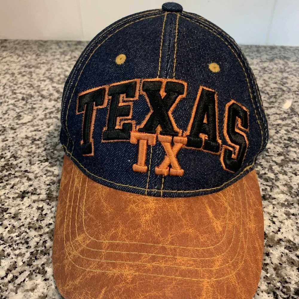 VTG Texas Denim Hat Cap Strap Back One Size Blue Brown USA Headwear Mens Western